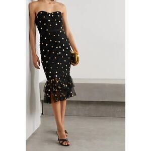 Marchesa Notte NWT Strapless Black Gold Sequin Polka Dot Tulle Midi Dress Sz 8